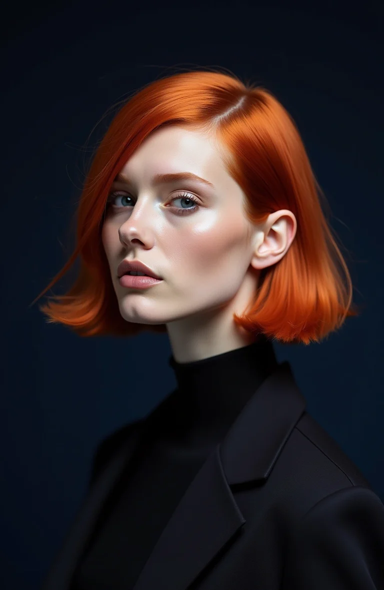 Fictional editorial portrait with copper geometric hair and amber light