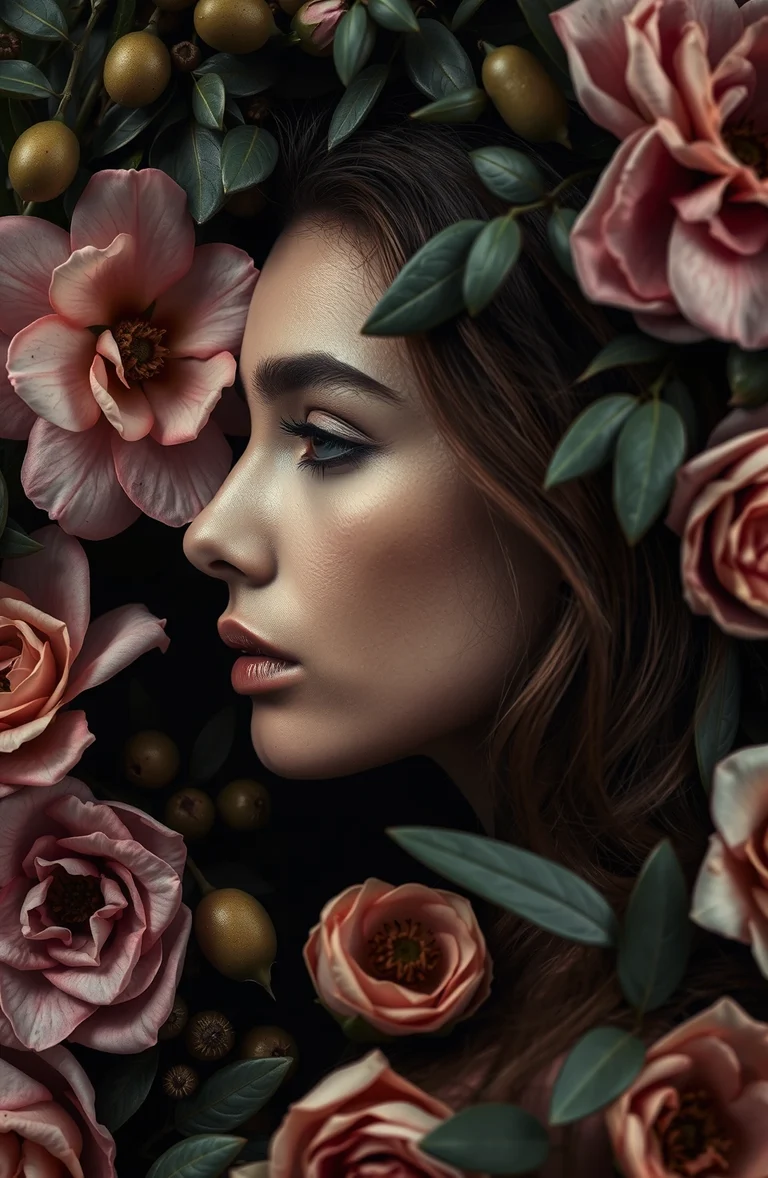 Fictional profile portrait with botanical colors and graphic linework