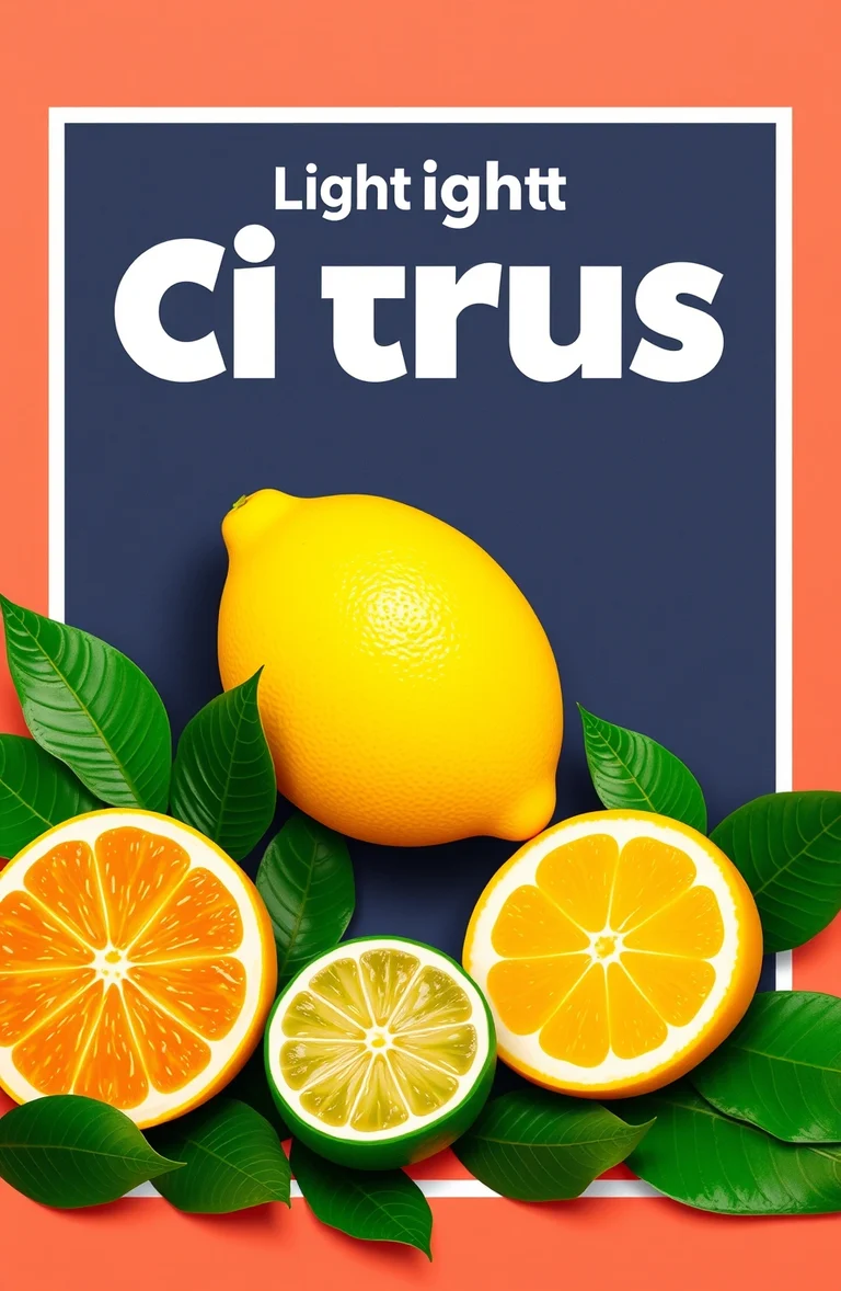 Graphic citrus campaign with coral, green, yellow, and navy forms