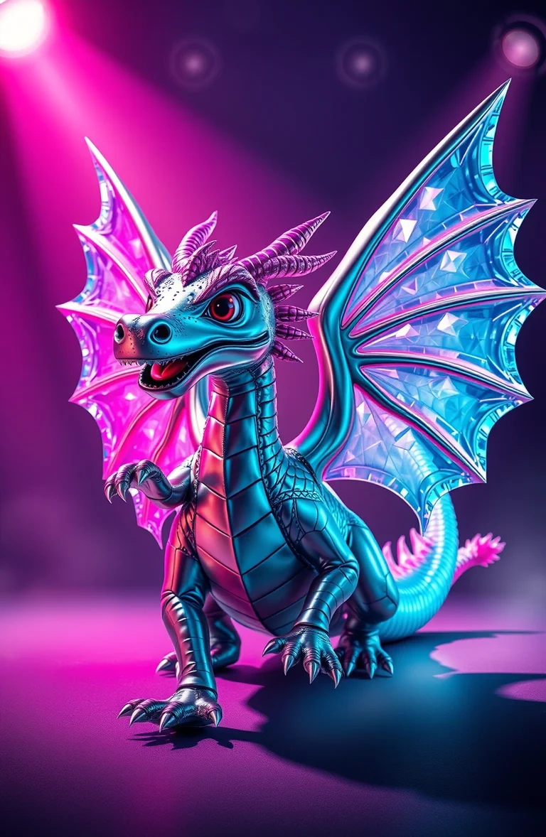 Cyan and magenta graphic dragon with crystalline wings
