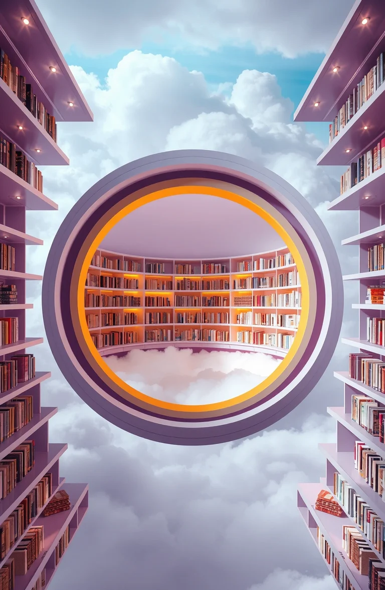 Lilac and gold floating library around a circular portal