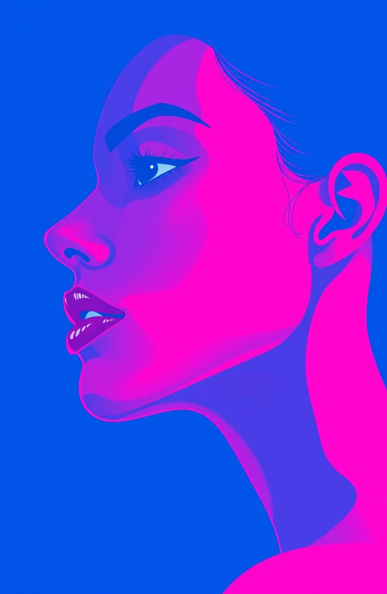Fictional cobalt and pink side-profile portrait