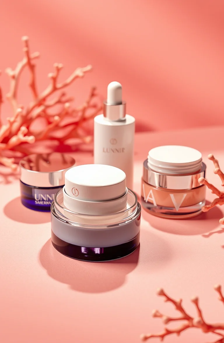 Three coral and violet cosmetic containers on a warm studio set