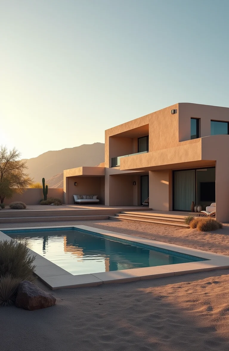 Modern desert villa beneath a warm sunrise