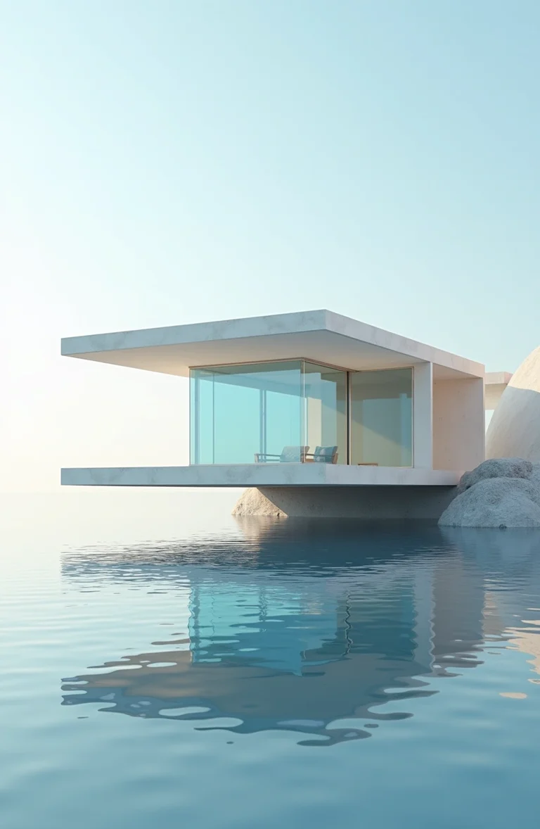 Minimal coastal pavilion floating over blue water