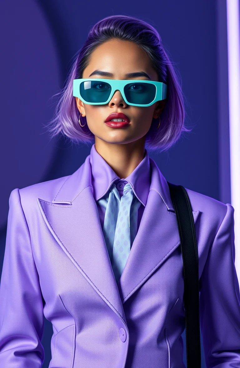 Fictional futuristic portrait with violet and mint styling