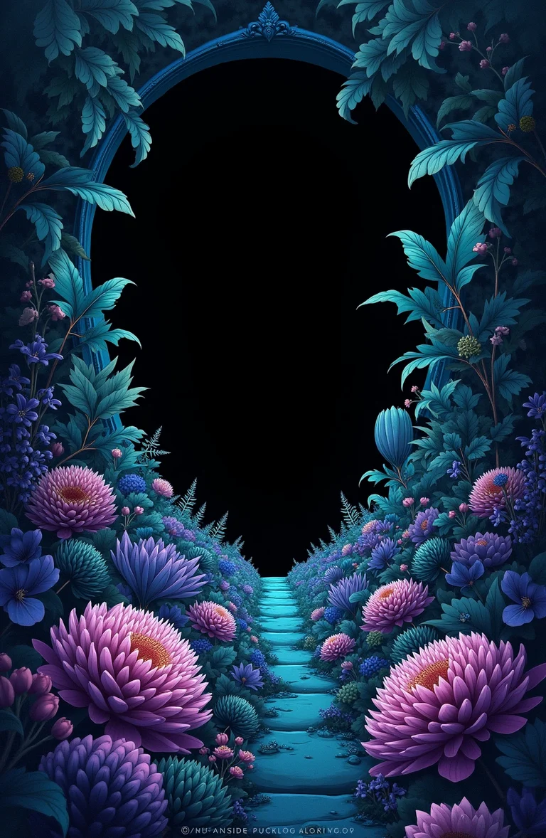 Mint and violet botanical garden around a dark circular portal