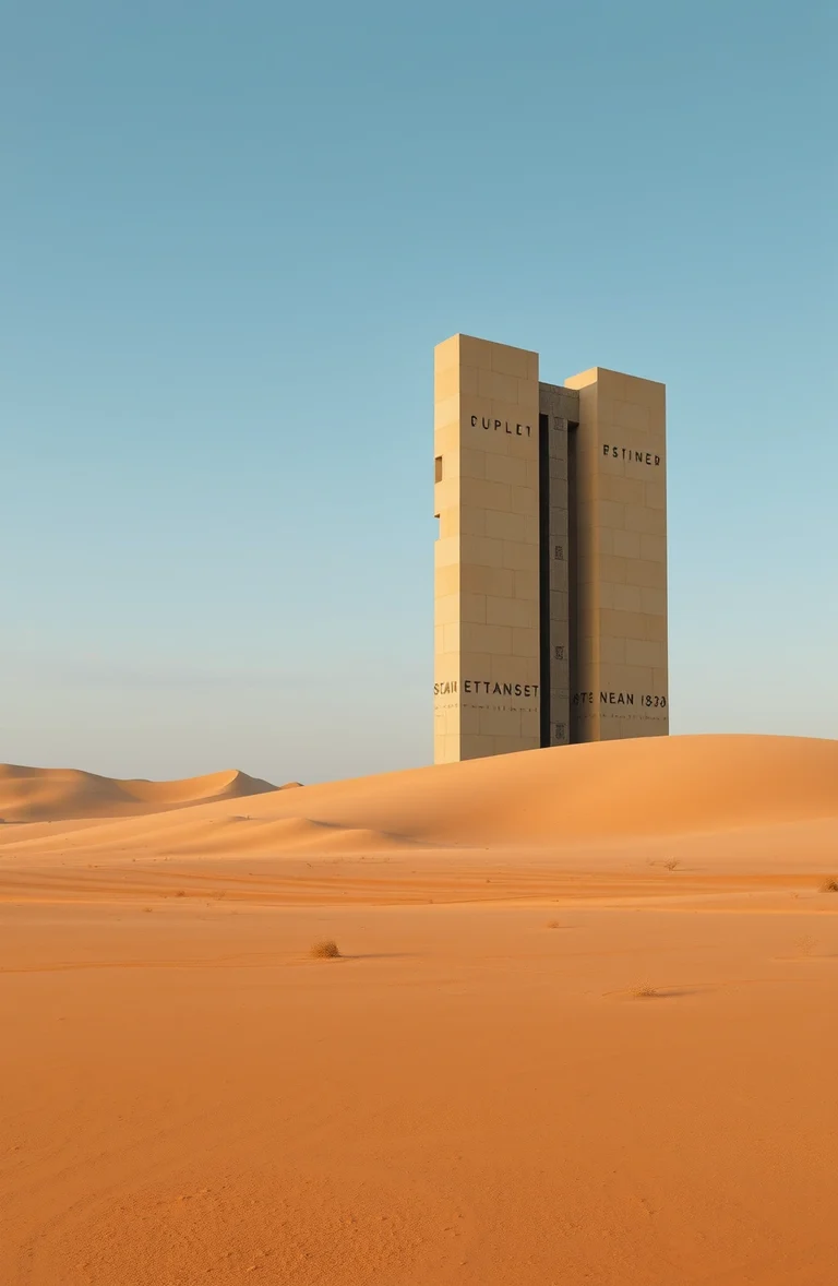 Brutalist monolith in an ochre landscape at dawn