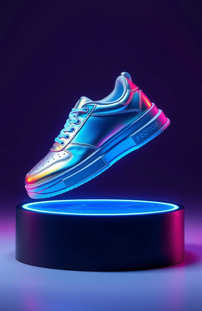 Iridescent cyan and magenta sneaker floating over a dark platform