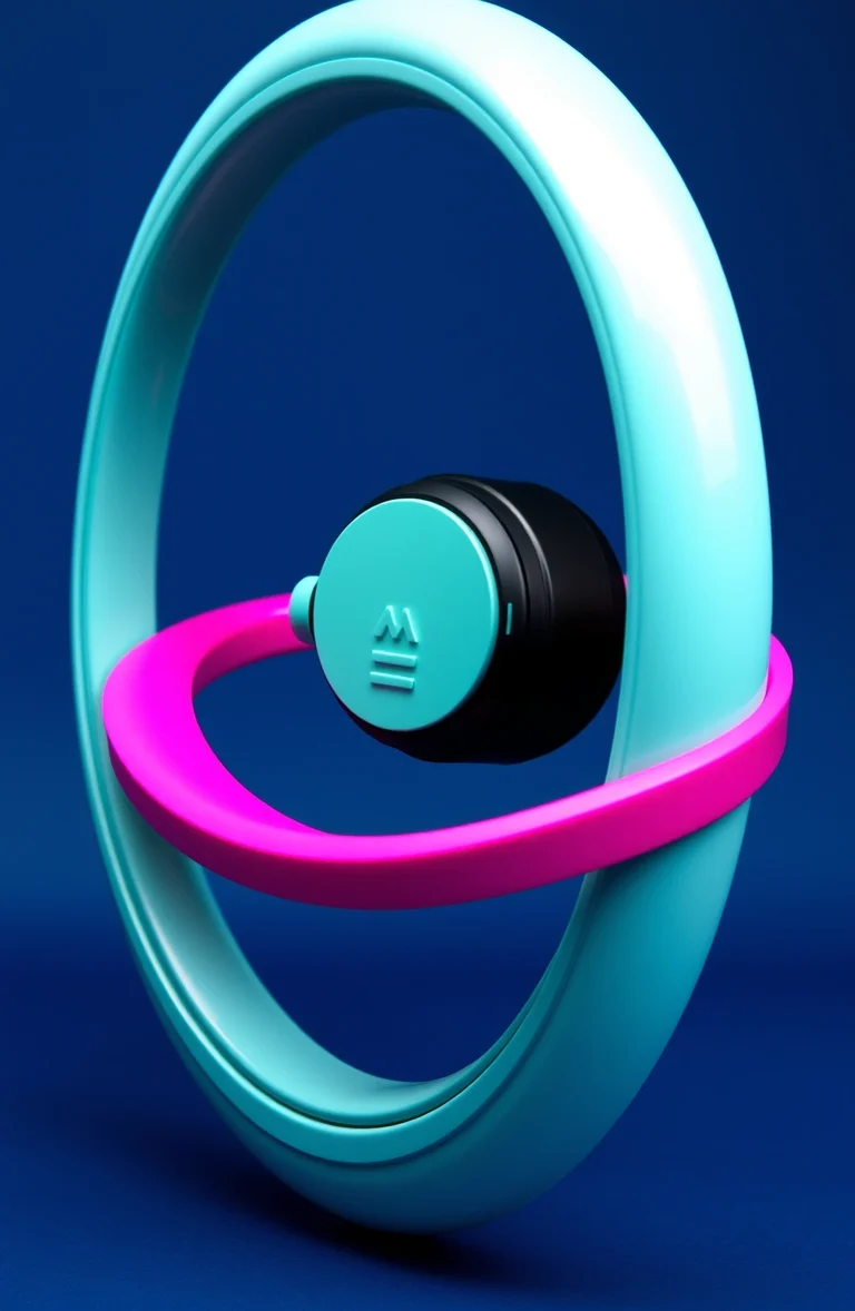 Circular mint and pink audio product on a dark campaign background