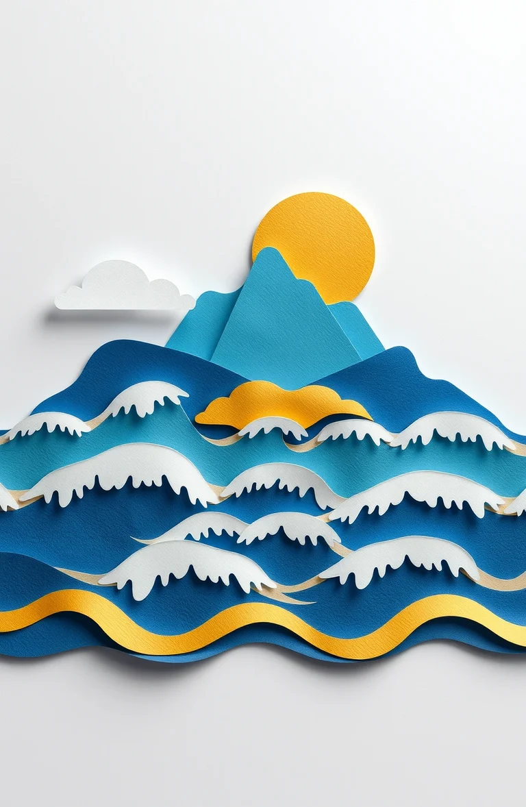 Layered blue and gold paper ocean beneath a large sun