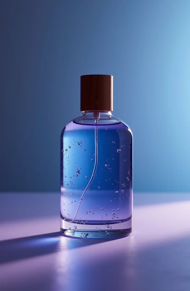 Glass fragrance bottle in a cool blue and amber campaign setting