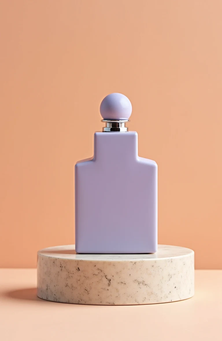 Opaque matte lilac ceramic perfume bottle with stopper on a warm stone plinth