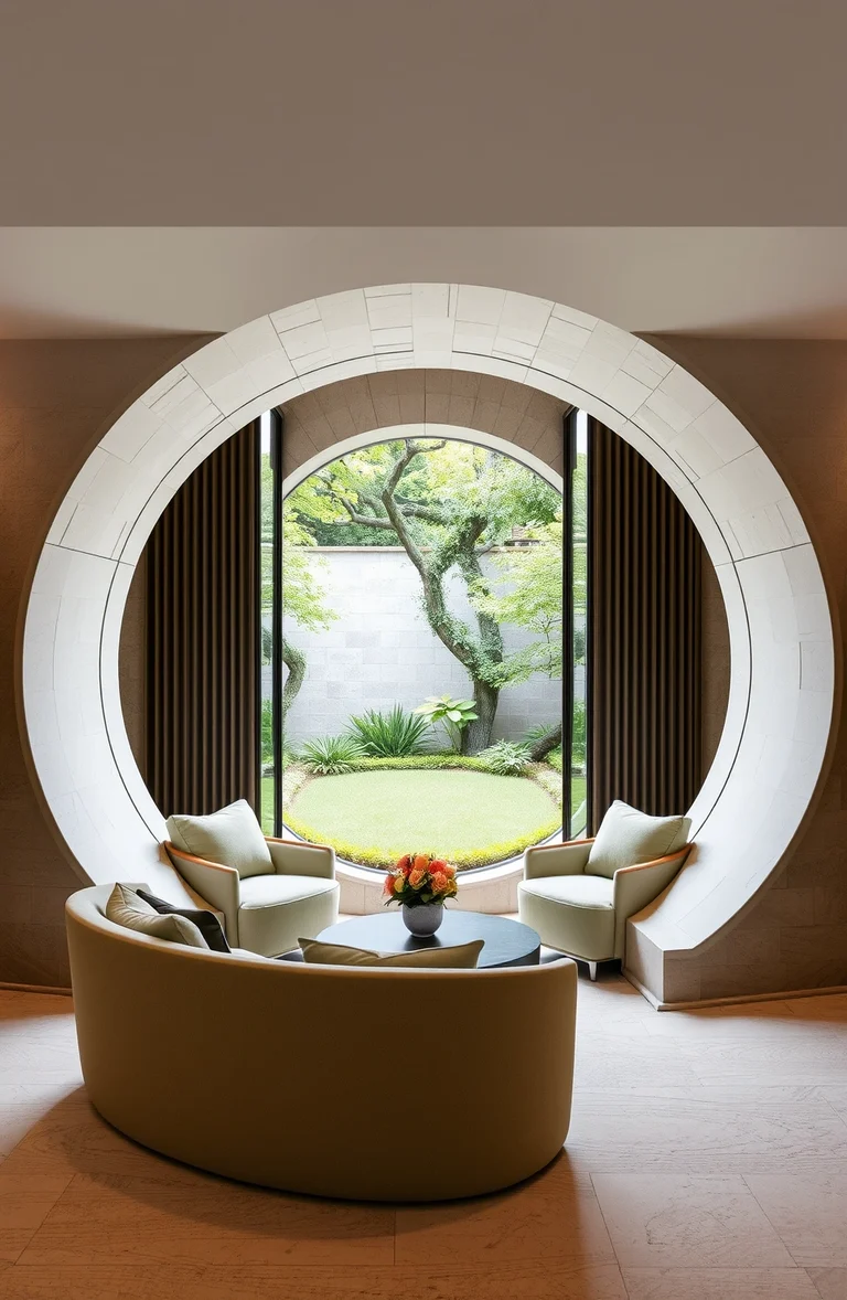 Sculptural sunken lounge with a rounded green garden opening